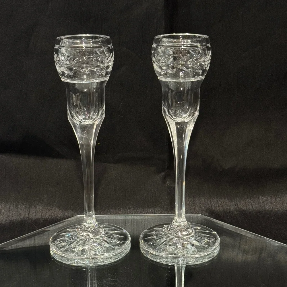Ralph Lauren Claremont Crystal Candlestick Holders Etched Laurel Band Retired